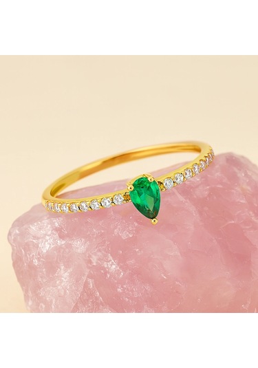 14 Ayar Altın Yeşil Zümrüt Taşlı Minimal Yüzük 14 Ayar Altın