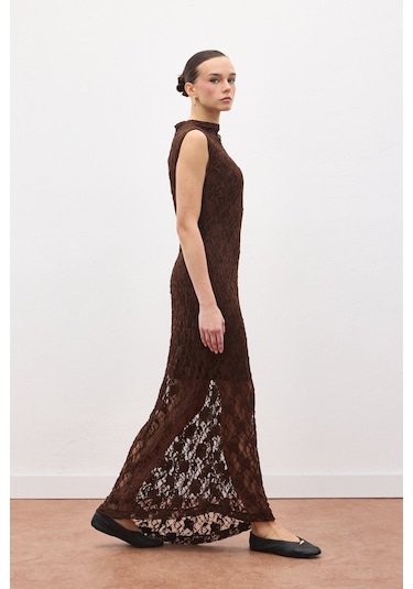 Sateen Dantel Kolsuz Elbise - Kahve-137059 Kahve
