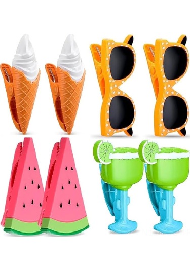 Hfambition 8 Adet Renkli Plastik Plaj Havlusu Klipsi - Güneş Gözlüğü, Meyve Suyu Bardağı, Dondurma Ve Karpuz Desenleri