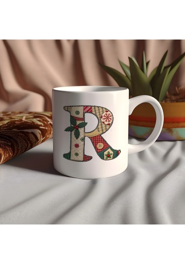 R Harfi Yılbaşı Temalı Kupa Bardak - Yeni Yıl Konsept Yamalı Efekt Tasarım - Noel Hediye Beyaz