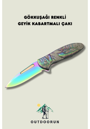 Gökkuşağı Renkli Geyik Kabartmalı Kamp Çakı Gökkuşağı