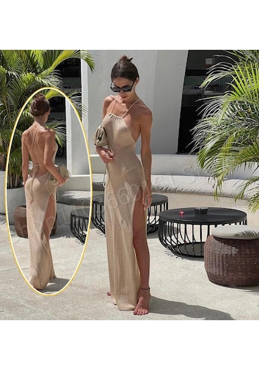 Örme Transparan Maxi Yırtmaçlı Bodycon Zarif Plaj Elbisesi Bej