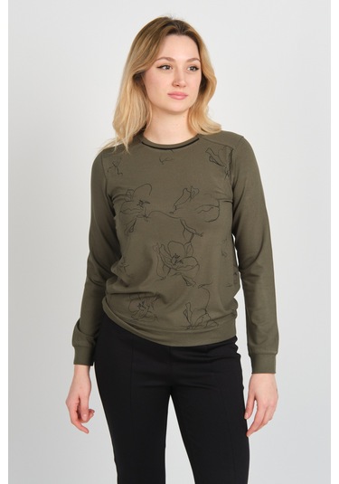 Sistas Kadın Desenli Bisiklet Yaka Uzun Kol Bluz 24611 Haki Haki