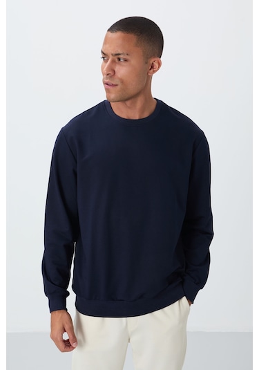 Tommy Life İndigo Pamuk Yumuşak Dokulu Standart Fit Basic Erkek Sweatshirt - 88363 Indıgo