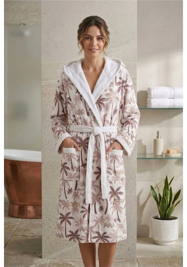 Tropical Breeze Pamuklu Desenli Kapüşonlu Bornoz Kahverengi Palmiye