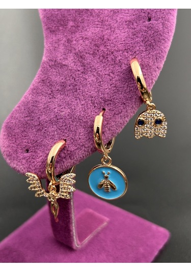 Çelik Kararmaz Taşlı Kadın 3lü Set Gold Mavi Küpe Günlük Ve Abiye Gold