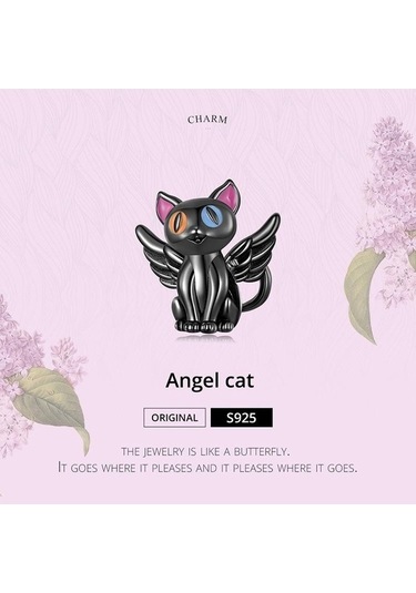 Novahub Siyah 925 Ayar Gümüş Melek Kedi Charms Kolye Kadınlar İçin Orijinal Takı Siyah