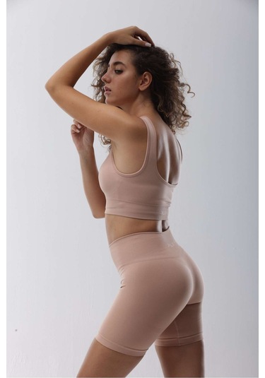 Seamless Pudra Normal Bel Kısa Fitted Basic Sporcu Tayt Pudra