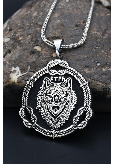 Prestij Gümüş Bozkurt Göktürkçe Türk Yazılı 925 Ayar Erkek Gümüş Kolye Zincir