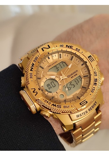 Quamer Erkek Kol Saati Analog Ve Digital Metal Sarı Kordonlu 2177 Sarı