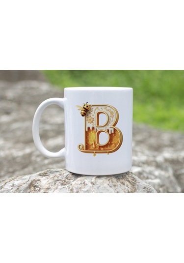 B Harfi Bal Arısı Tasarım Kupa Bardak - Bal Ve Petek Desenli Kişiye Özel Kahve Kupası - Hediyelik Beyaz