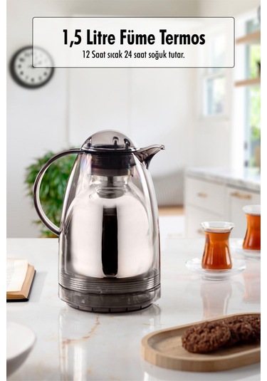 1.5 Lt Isı Yalıtımlı Çay Ve Soğuk Su Termosu Füme 12 Saat Sıcak Tutar& İçi Camdır Çok Renkli