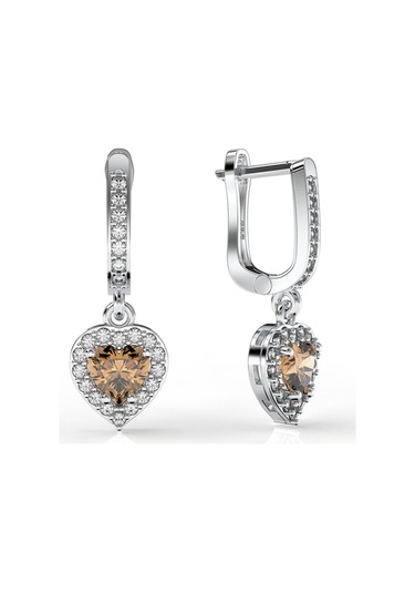 925 Ayar Sitrin Taşlı Rodyum Pırlanta Işıltılı Sallantılı Kalp Gümüş Küpe Gümüş