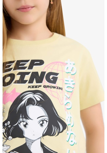 DeFacto Kız Çocuk Bisiklet Yaka Anime Baskılı Kısa Kollu Tişört E0350A825SMGN654 Yeşil