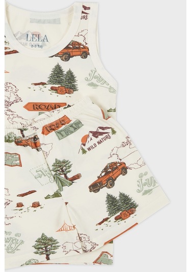 Lela Desenli Streç Pamuklu Bisiklet Yaka Atlet Boxer 2'Li Iç Giyim Erkek Çocuk Takım 6651010 Ekru-Yeşil