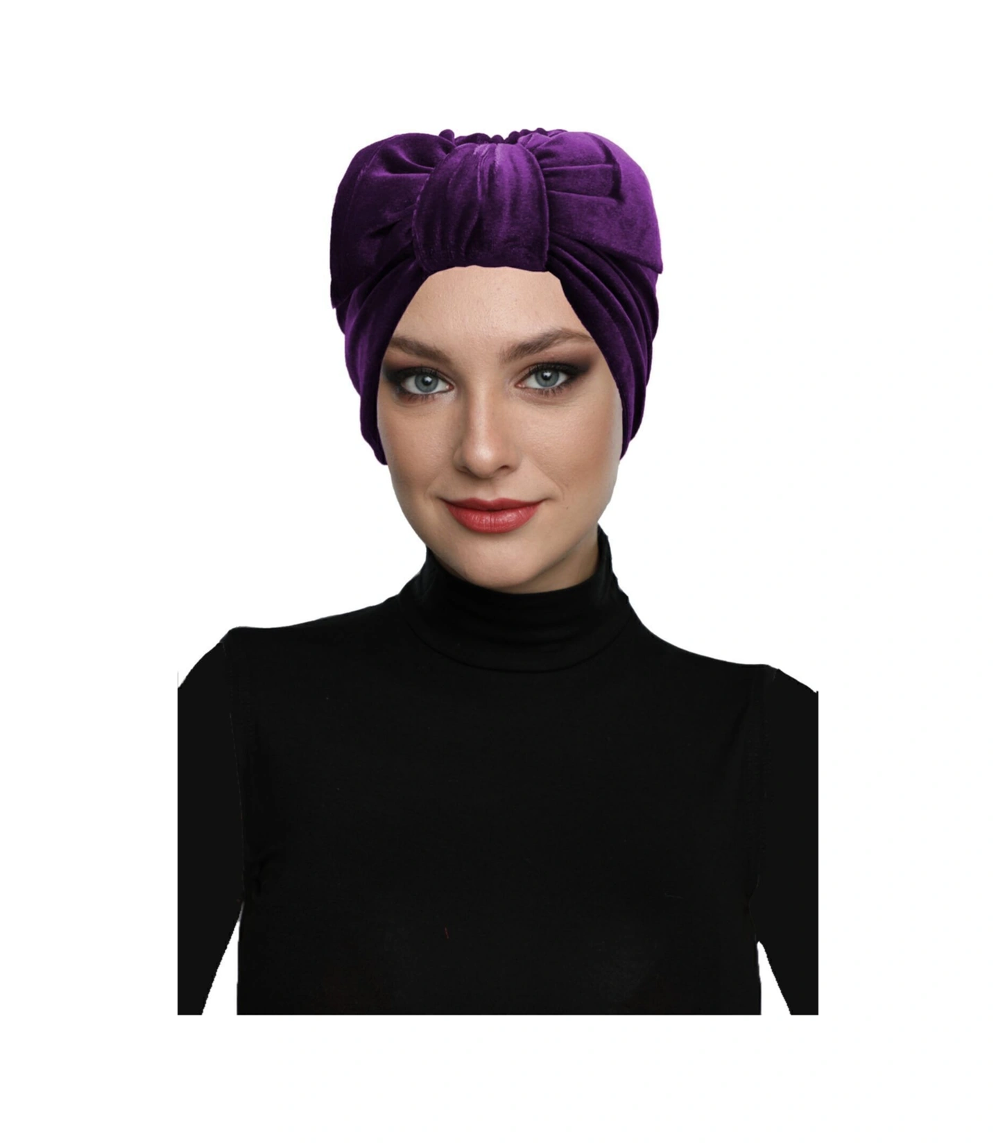 Kadife Fiyonklu Astarlı Mor Hazır Türban Tesettür Bone Mor