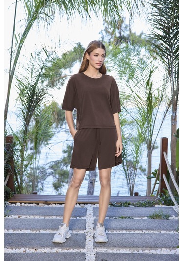 Monamise Kadın Kısa Kollu Bisiklet Yaka Alt Üst Takım 25085 Kahve