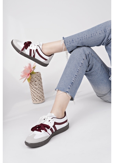 Muggo Retro Çift Bağcıklı Günlük Kadın Sneaker Spor Ayakkabı Bordo - Beyaz
