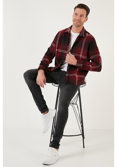 Buratti Ekoseli Uzun Kollu Slim Fit Kışlık Erkek Gömlek Cf21W112844 Bordo