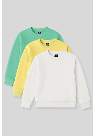 Oversize 3lü Paket Sarı-ekru-su Yeşili Kız Çocuk Sweatshirt - 75150 Sarı