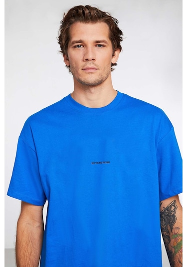 Rıver Erkek Nakış Işlemeli Oversize %100 Organik Pamuk Örme Saks Mavi T-shirt