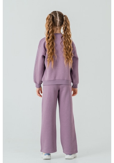 Kız Çocuk Fiyonk Nakışlı Taşlı 3 İplik Kalın Kışlık Eşofman Takımı Ak4222 Mor