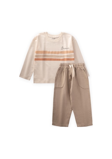 Cigit Brave Çizgili Mevsimlik Erkek Çocuk Takım - Ekru