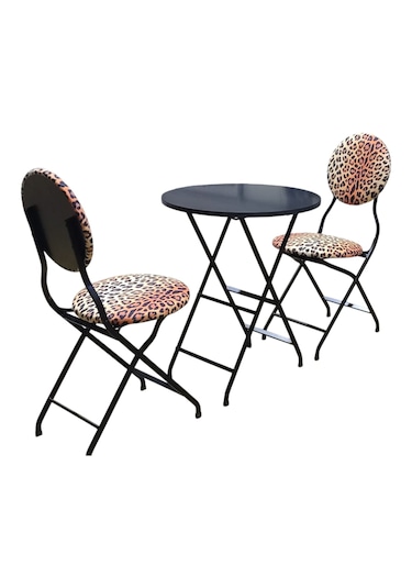 Katlanabilir Leopar Desenli Siyah Metal Masa Ve Sandalye Takımı -