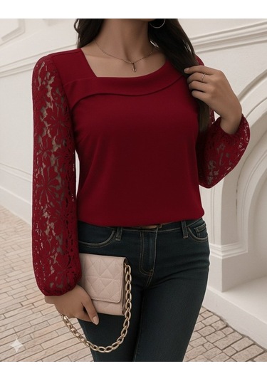 Tua Moda Kadın Uzun Kollu Asimetrik Yakalı Dantelli Ithal Krep Bluz Kırmızı