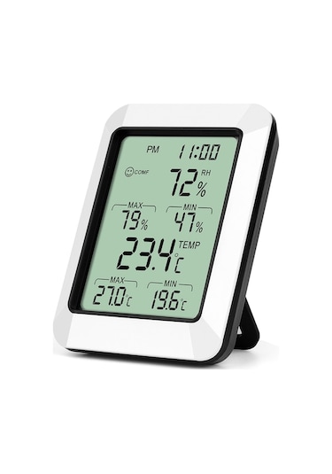 Rz820 Beyaz Oda Sıcaklık Nem Ölçer - Lcd Ekran, Zaman/alarm Ayarı, Maksimum-minimum Değerler, Pil Yok