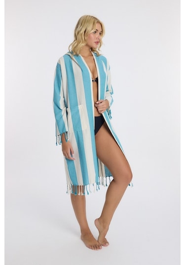 Mulberry Striped Peştemal Bornoz Banyo Ve Plaj Elbisesi Mavi