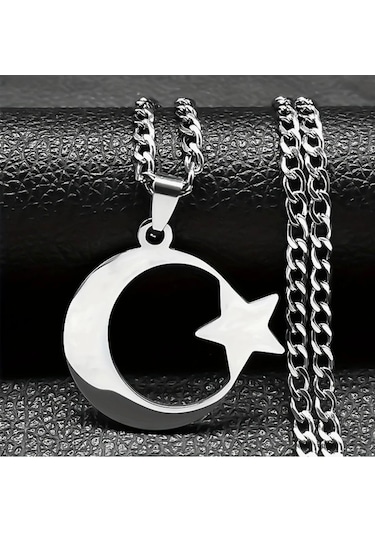 Ay Yıldız Türk Bayrağı Paslanmaz Çelik Kalın Zincirli Kolye 65cm Silver