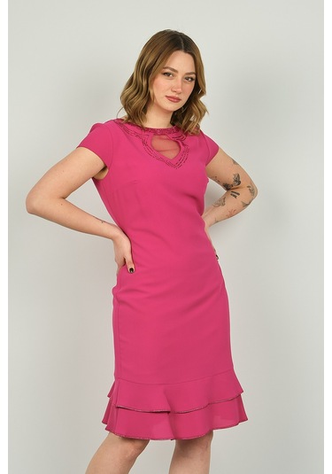 Vals Kadın Bisiklet Yaka Pencere Detaylı Etek Ucu Fırfırlı Araboy Abiye Elbise 23-117 Fuşya