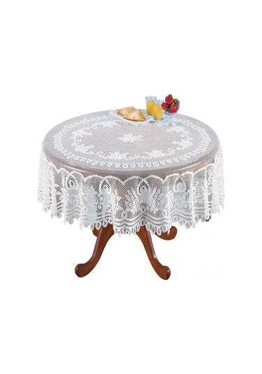 Ximistore9 Vintage Çiçek Desenli Yuvarlak Dantel Masa Örtüsü - 180x180cm Beyaz, Dekoratif Kullanım Beyaz