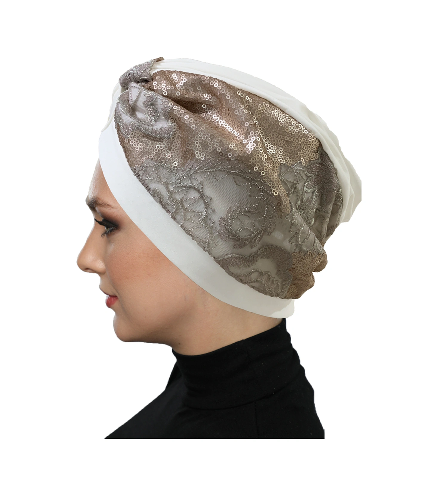 Özel Tasarım Ekru Üzeri Pudra Payet Ve Aplikeli Astarlı Hazır Türban Tesettür Abiye Bone Ekru3