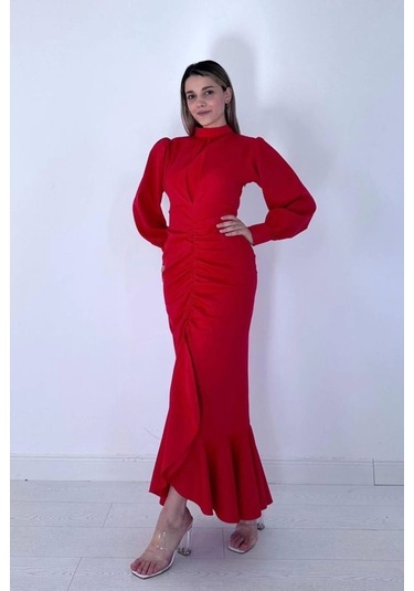 Kırmızı Volanlı Uzun Kol Elbise Kırmızı