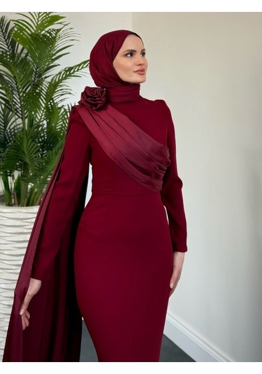 Pelerinli Abiye Bordo