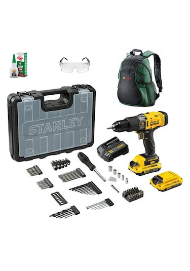 Stanley SCD718 D2KA-TR Çift Akülü Darbeli Vidalama + 100 Adet Aksesuar Seti + Sırt Çantası + Gözlük + Yapıştırıcı