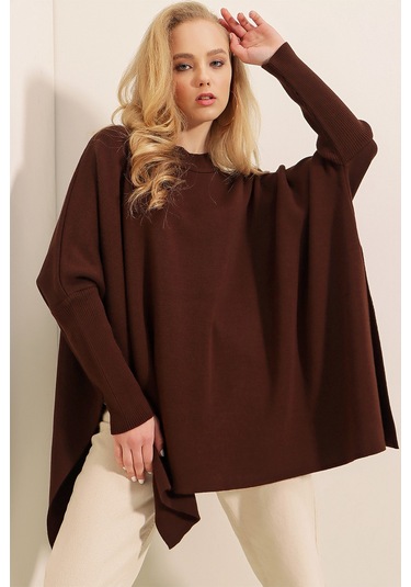 Bigdart 15783 Yırtmaçlı Panço Kazak - Kahverengi 001