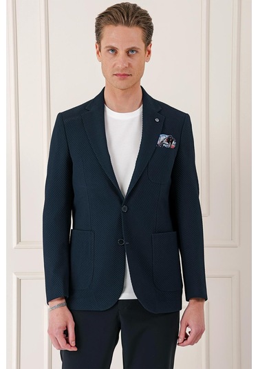 Comfort Fit Torba Cep Şeritli Dokuma Pamuk Casual Lacivert Ceket C 670 Lacivert