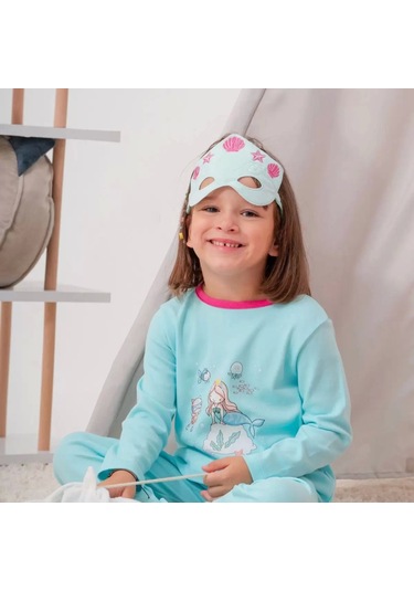 Deniz Kızı Desenli Çanta Ve Maskeli % 100 Pamuk Kız Çocuk Pijama Takımı Yeşil