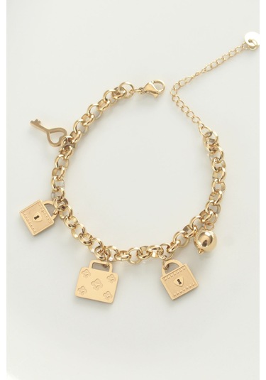 Ezoconcept 316l Çelik Gold Renk Karışık Aksesuarlı Oval Zincir Bileklik Çok Renkli