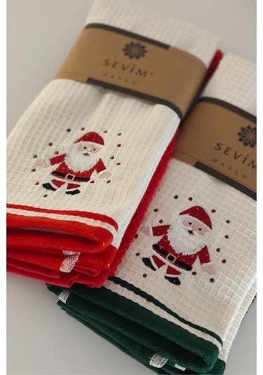 2'li Noel Baba Nakışlı Mutfak Havlusu-%100 Pamuk Yılbaşı Hediyesi Koyuyesıl Koyu Yeşil