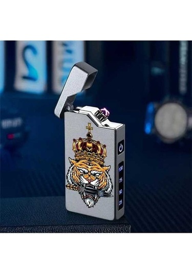 Trendooze Moda Çift Ark Kaplan Desenli Rüzgar Geçirmez Gaojunshop01 Gri Taçlı Usb Şarjlı Çift Ark Çakmak Gri Gri