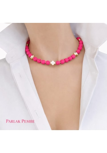 Luna Yonca Detaylı Lav Taşı Choker Doğal Taş Kolye Pembe