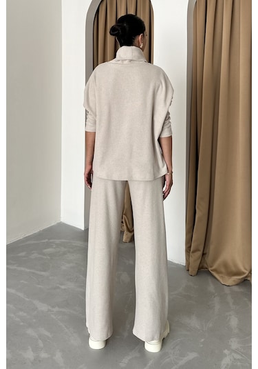 Modagen Kadın Selanik Kumaş Balıkçı Yaka Alt Üst Takım Bej