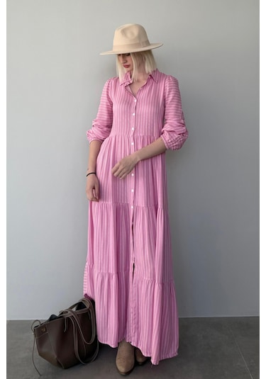 Madmext Pembe Çizgili Düğmeli Uzun Elbise Mg2392 Pembe