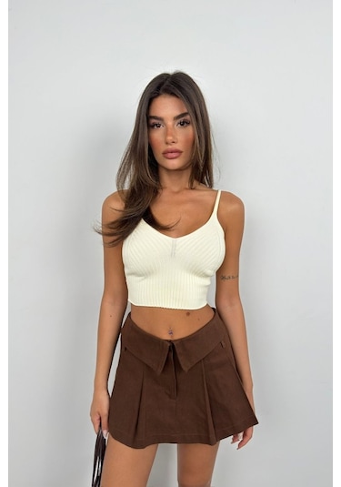 Balmior V Yaka Crop Bluz Ekru