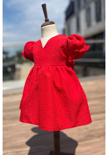 Krep Kabartma Desenli Kız Çocuk Bebek Kırmızı Elbise 001