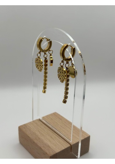 Arnes Jewelry Çelik Sallantılı Zirkon Taşlı Yapraklı Küpe Ar253nes Gold